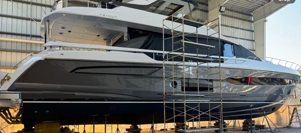 Azimut 78 yacht hull painted metallic gray with a high-gloss finish